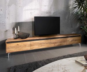 TV stolík Stonegrace 240 cm prírodná akácia 4 dvierka podstavec oválny
