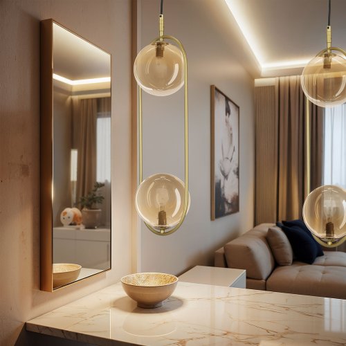 Závesná lampa CORDEL vintage - zlatá mosadz s jantárovými guľôčkovými tienidlami - elegantné osvetlenie obývačky 2x G9 LED
