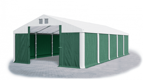 Skladový stan 5x10x2,5m strecha PVC 560g/m2 boky PVC 500g/m2 konštrukcie ZIMA PLUS - Barva střešní plachty: Bílá, Barva boční plachty: Zelená, Barva svislých pruhů: Bílá