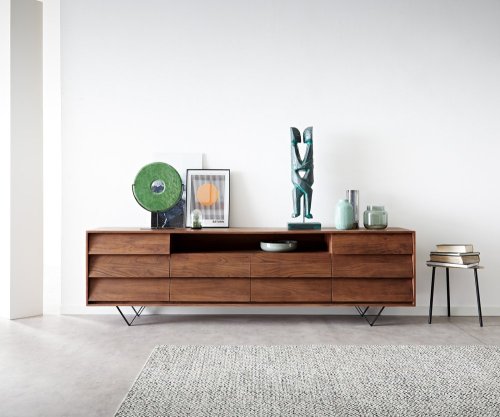 Komoda Eloi 240x40 cm akácie hnědá 2 dvířka 4 zásuvky podnož ve tvaru