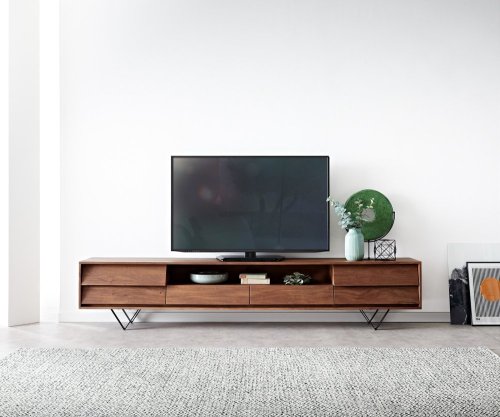 TV stolek Eloi 240x35 cm akácie hnědá 2 dvířka 2 zásuvky podnož ve