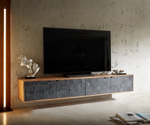 TV stolek Teele 200 cm přírodní akácie břidlice 4 dvířka závěsné
