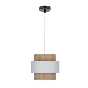 Závesná lampa z ratanu s tienidlom E27, biela+krémová
