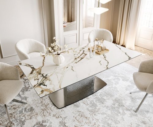 Jedálenský stôl Edge zaoblený 200x100 keramika Calacatta Luxe bielo
