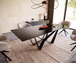 Jídelní stůl Edge 180-220x100 sklo s reliéfem kouřově černé 3D design