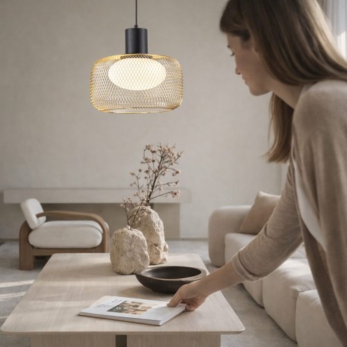 Lampa wisząca Sopra 32 czarno złota z kloszem drucianym nad stół