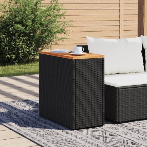 Zahradní stolek s dřevěnou deskou černý 58x27,5x55 cm polyratan