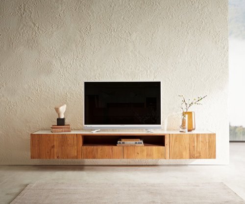 TV stolek Secara 220 cm akácie přírodní 2 dvířka 2 zásuvky mramor