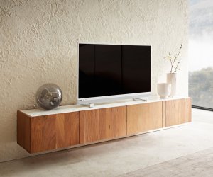 TV stolík Secara 200 cm akácia prírodná 4 dvierka mramor na zavesenie