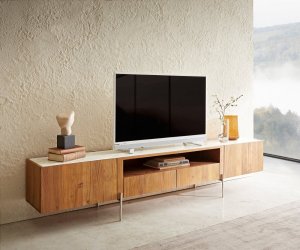 TV stolek Secara 220 cm akácie přírodní 2 dvířka 2 zásuvky
