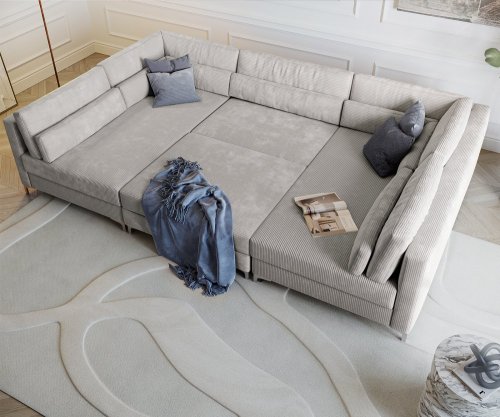Pohovka ve tvaru "U" Elio 300x185 cm manšestr stříbrnošedá s taburetem