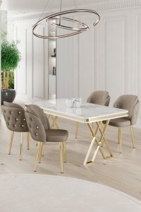Dining Table & Chairs Set (5 Pieces) Rigel - White, Gold, Cappuccino