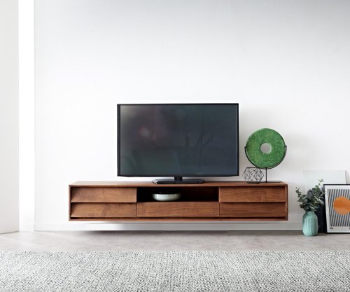 TV stolek Eloi 200x35 cm akácie hnědá 2 dvířka 1 zásuvka závěsné