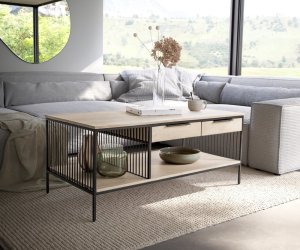 Konferenční stolek Libina 120x60 cm mango bílá 2 zásuvky černý kov