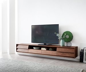 TV stolek Eloi 240x35 cm akácie hnědá 2 dvířka 2 zásuvky závěsné