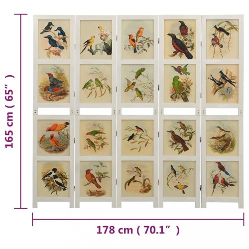 Paravan bílá / vzor ptáci Dekorhome - ROZMĚR: 178x165 cm (5-dílný)