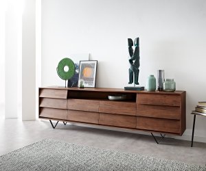 Komoda Eloi 240x40 cm akácie hnědá 2 dvířka 4 zásuvky podnož ve tvaru