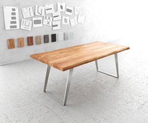 Jídelní stůl Edge 200x100cm XL akácie přírodní nerezová ocel stříbrná
