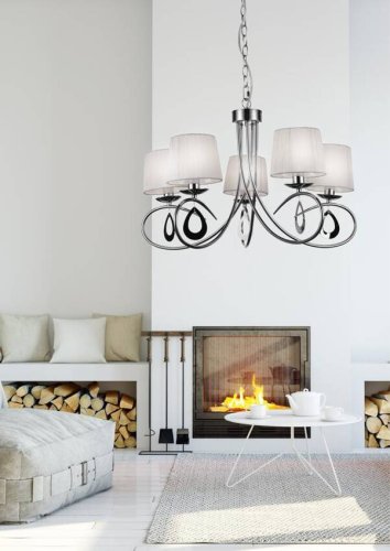 Závesná lampa chrómová / biele tkané tienidlo 5x40W Arnika