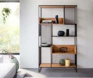 Knižnica Lukeo 115x200 cm akácia prírodná kov čierna