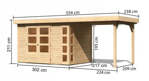 Dřevěný zahradní domek KERKO 4 s přístavkem 240 Dekorhome - BAREVNÁ VARIANTA: Přírodní dřevo