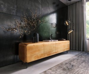 TV stolík Shavani 200 cm akácia prírodná 4 dvierka podstava oválna kov