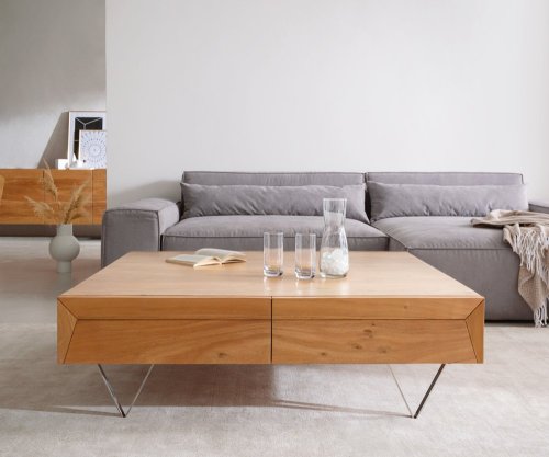 Konferenční stolek Kayu 115x115x40 cm přírodní akácie 4 zásuvky podnož