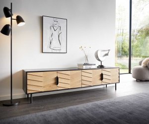 TV stolek Muvi 200 cm přírodní dub mango černá kov černá 4 dvířka
