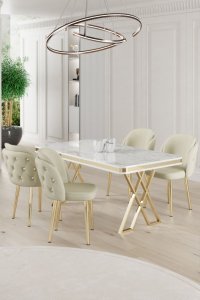 Dining Table & Chairs Set (5 Pieces) Rigel - White, Gold, Cream