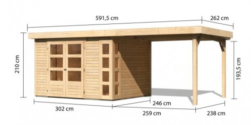 Dřevěný zahradní domek KERKO 5 s přístavkem 280 Dekorhome - BAREVNÁ VARIANTA: Přírodní dřevo
