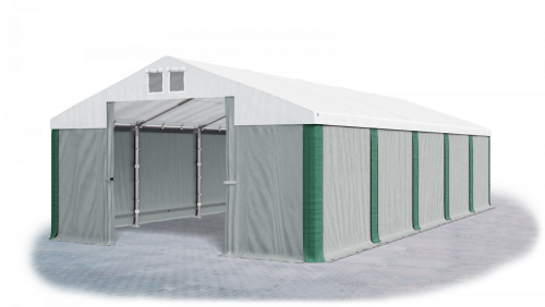 Skladový stan 5x10x2,5m střecha PVC 560g/m2 boky PVC 500g/m2 konstrukce ZIMA PLUS - Barva střešní plachty: Bílá, Barva boční plachty: Šedá, Barva svislých pruhů: Zelená