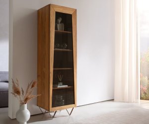 Skříň Kayu 55x180 cm přírodní akácie vitrína 1 dvířka podnož ve