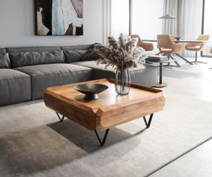 Konferenčný stolík Kiano 90x90 cm prírodná akácia 2 zásuvky podstavec