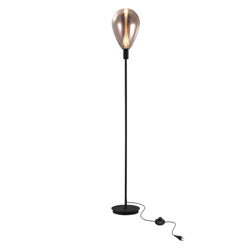 Lampa podłogowa Denso szklany klosz miedziany czarna metalowa do salonu