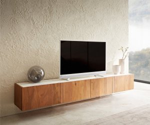 TV stolek Secara 220 cm akácie přírodní 4 dvířka mramor závěsné