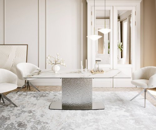 Jedálenský stôl Edge zaoblený 200x100 keramika Calacatta Luxe bielo