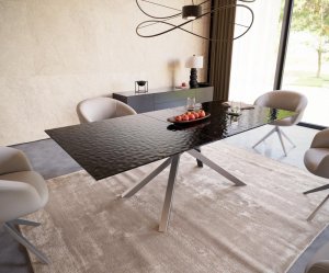 Jedálenský stôl Edge 180-220x100 reliéfne sklo dymovo čierna 3D dizajn