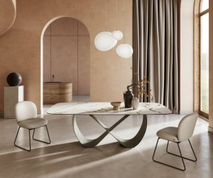 Jedálenský stôl Edge oválny 240x120 cm keramický Calacatta Luxe bielo