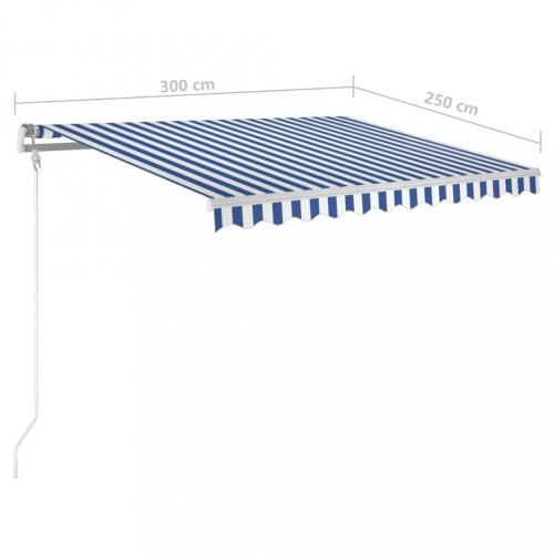 Ručne zaťahovacia markíza so stĺpikmi a LED svetlom 300x250 cm Dekorhome - BAREVNÁ VARIANTA: Biela / modrá