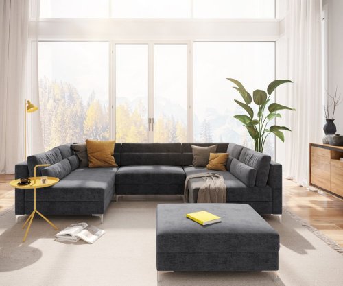Pohovka ve tvaru "U" Elio 300x185 cm mikrovlákno Grafit s taburetem