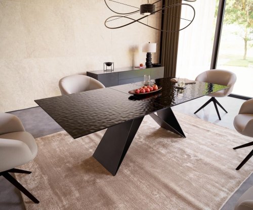 Jedálenský stôl Edge 180-220x100 reliéfne sklo dymovo čierna 3D dizajn
