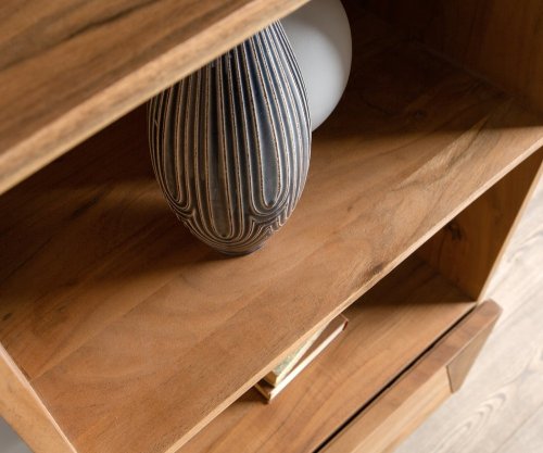 Skříň Kayu 55x180 cm přírodní akácie knihovna 1 dvířka podnož ve tvaru