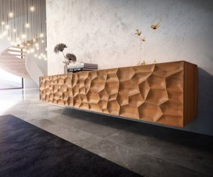 TV stolek Solu 220 cm přírodní akácie 2 dvířka 4 zásuvky 3D
