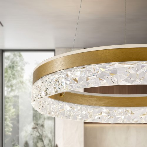 Okouzlující závěsná lampa FROZI – zlaté stínidlo s krystaly – elegantní a moderní LED osvětlení obývacího pokoje