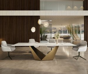 Jídelní stůl Edge 300x100 keramický Calacatta Luxe bílo-zlato-šedý