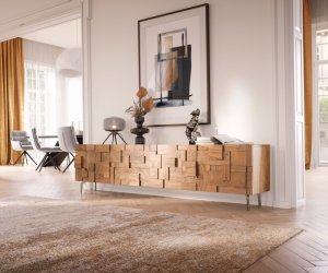 TV stolek Puzzle 220 cm přírodní akácie 4 dvířka šikmá podnož nerezová
