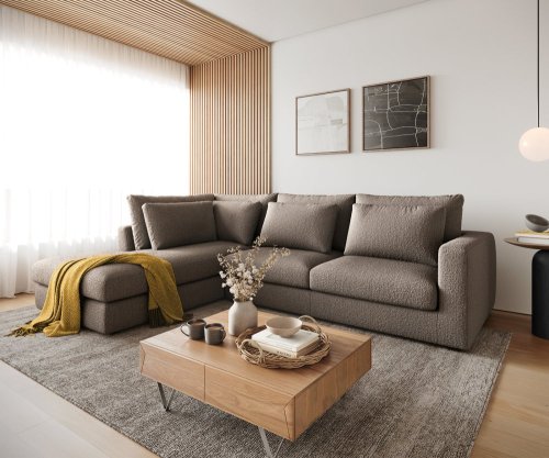 Rohová pohovka Isla 330x225 cm bouclé taupe levá