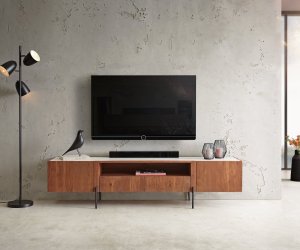 TV stolík Secara 200 cm akácia hnedá 2 dvierka 2 zásuvky mramorové