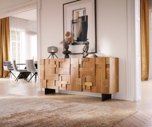 Komoda Puzzle 175 cm přírodní akácie 3 dvířka podnož černý kov