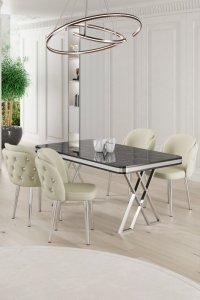 Dining Table & Chairs Set (5 Pieces) Rigel - Black Marble, Chrome, Cream